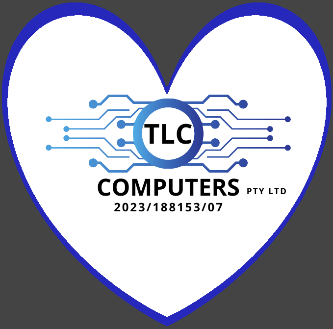 TLC Computers PTY LTD Logo Blue Heart on grey